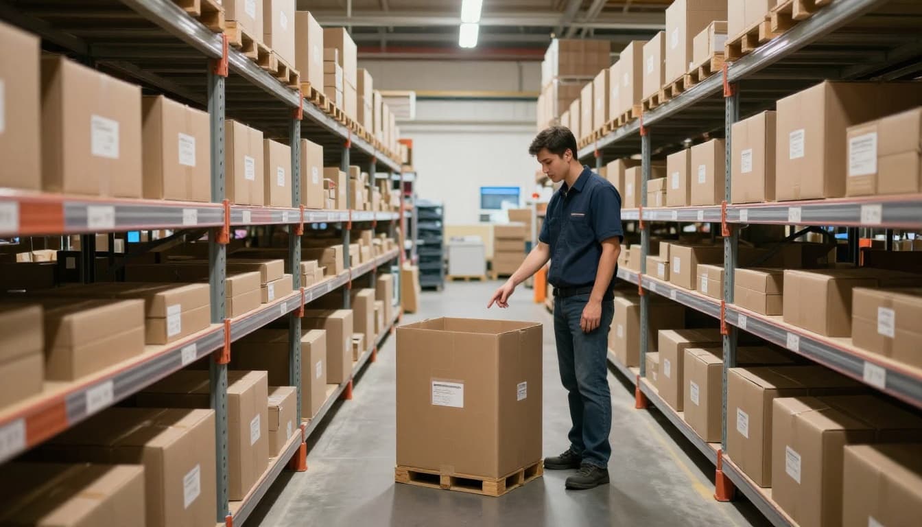 Photorealistic scene of a single warehouse worker in a storage aisle pointing at a misplaced box during an inventory check, with the expected bin empty nearby and organized labeled shelves under soft lighting.