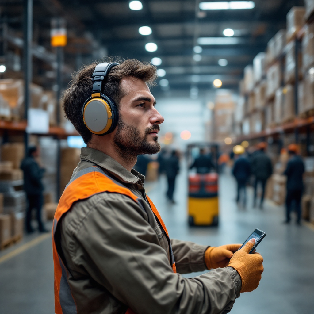 Warehouse worker wearing noise-canceling headset, voice picking items efficiently in a loud docking area, with busy forklifts in the background. Photo realistic, image created with AI.