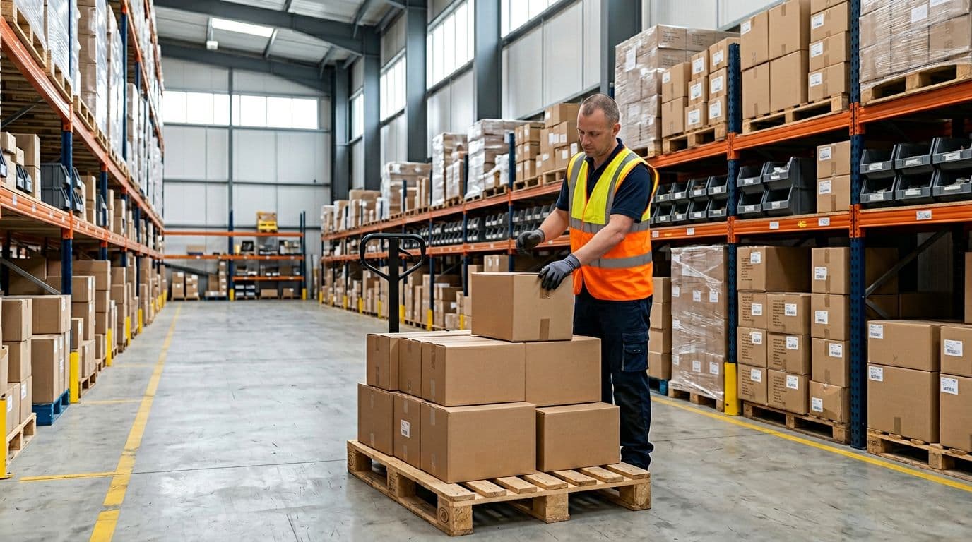 Exactly one warehouse worker in high-visibility vest packs cardboard boxes for inter-location inventory transfer onto a pallet trolley in a modern organized warehouse aisle with stocked shelves on both sides, focused on task with relaxed hands and natural daylight from high windows.