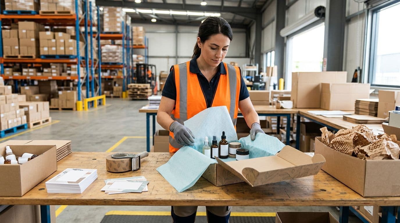 Photorealistic image of one worker in safety vest at a modern warehouse packing station, placing tissue paper, branded tape, and promotional inserts into a custom carton with skincare products on a neat table.