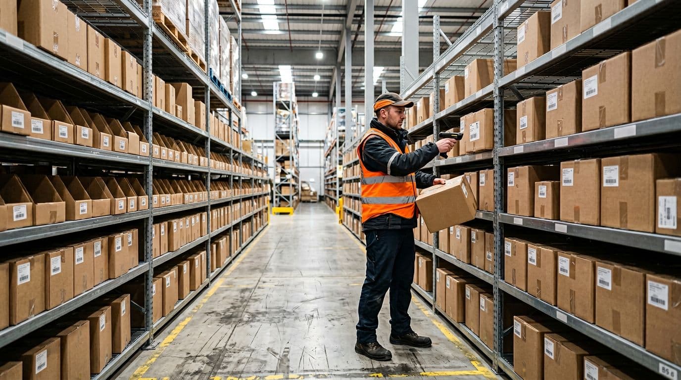 Photorealistic image of a single warehouse worker in a safety vest using a handheld scanner to pick a box from a metal shelf bin in a tall racking aisle, surrounded by labeled boxes on both sides, concrete floor, and bright overhead lighting.
