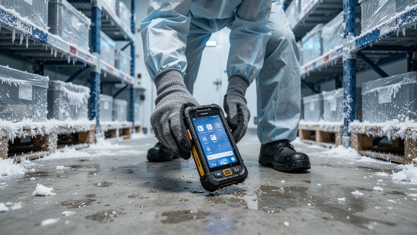 A lone warehouse worker in cold storage, wearing thick gloves, picks up a rugged drop-tested handheld scanner from a dusty concrete floor amid frost-covered shelves and freezer suits.