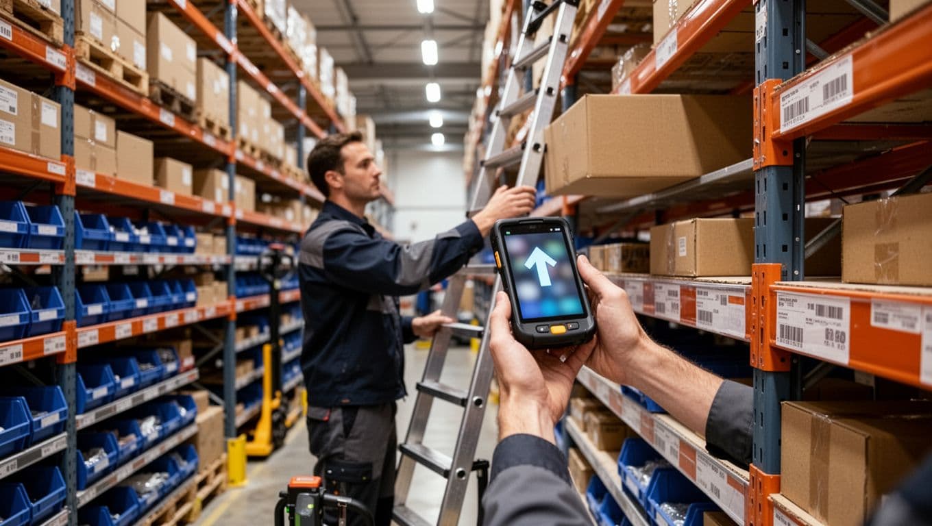 Photorealistic image of one warehouse worker in a modern warehouse placing a cardboard box on a high rack shelf using a ladder truck while holding a mobile scanner showing a suggested location.
