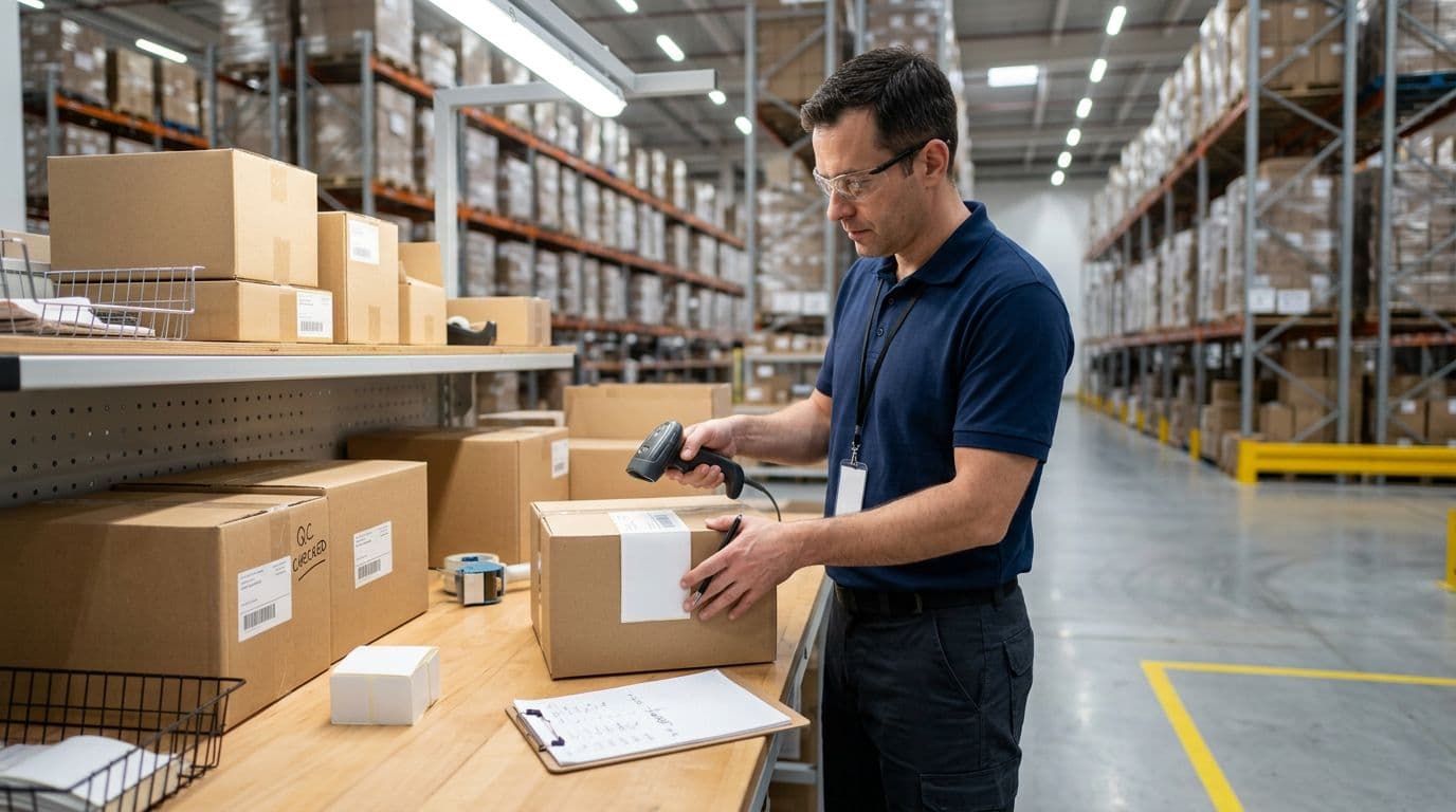 Photorealistic image of one warehouse worker inspecting repackaged products at a quality control station: scanning a barcode on a box, checking label alignment, and verifying count with a notepad in a clean modern warehouse with bright lights and organized shelves.