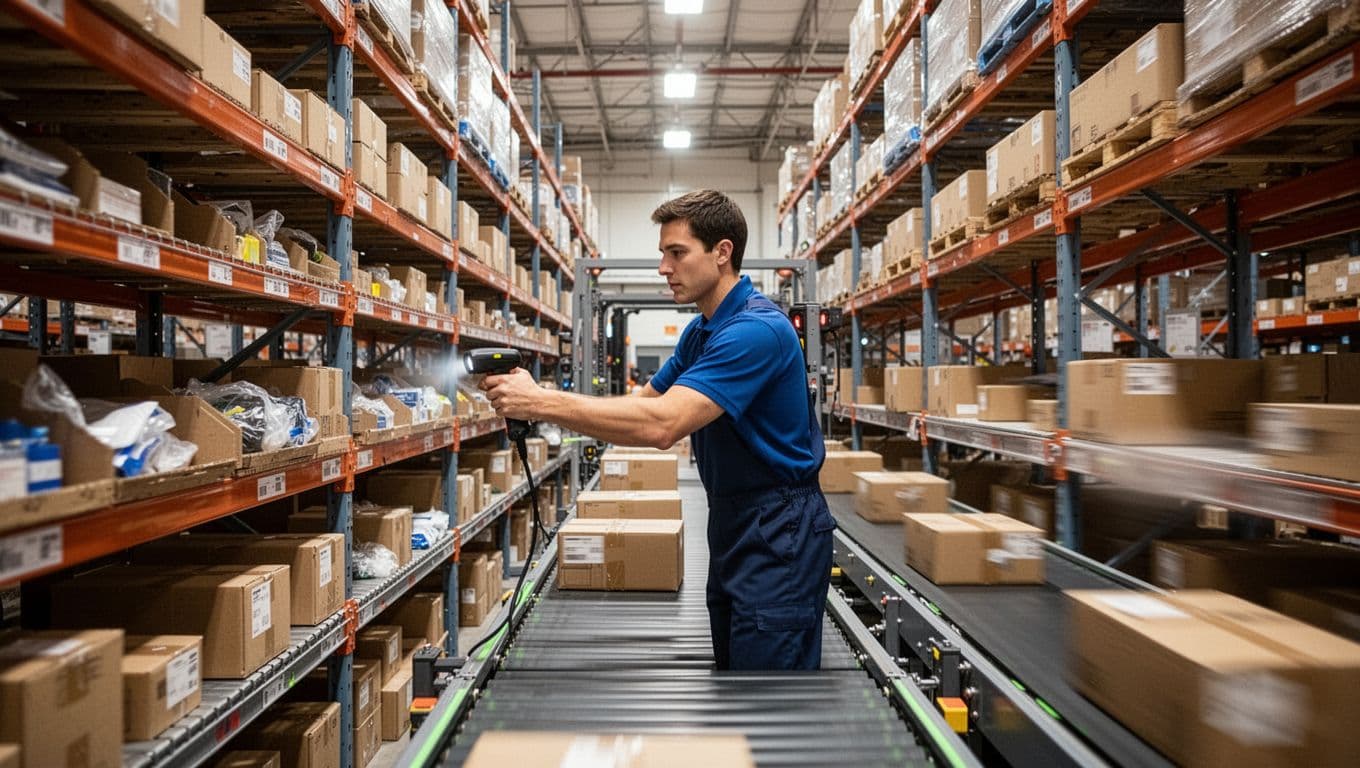 Dynamic warehouse scene with a single worker using a scanner to rapidly pick items from shelves, conveyor belt moving packages quickly in the background, bright lighting, realistic industrial style.