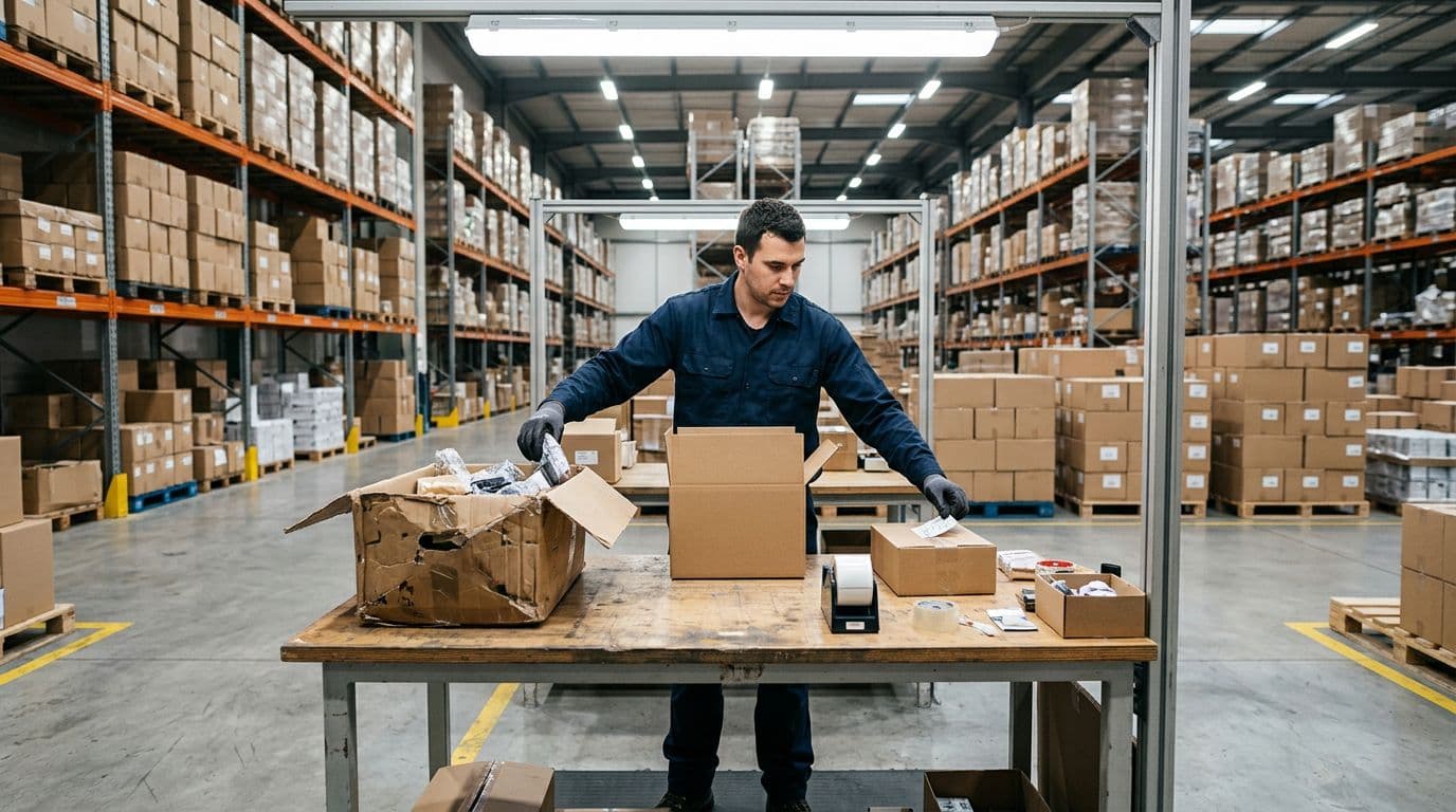 Photorealistic image of a modern warehouse featuring exactly one worker repackaging products on a table by replacing a damaged box with a new one and adding a label to another item nearby. Organized shelves with boxes fill the background under bright overhead lighting in an industrial setting.