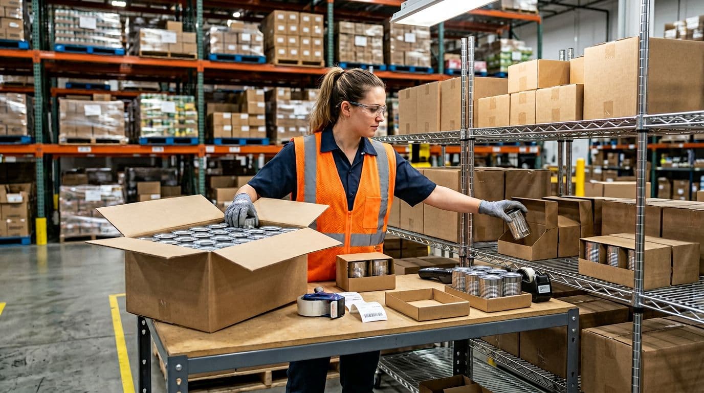 Photorealistic image of a modern warehouse workstation where one worker opens a large bulk case of canned goods and repacks them into smaller 2-packs and singles on nearby shelves. Bright overhead lighting illuminates the clean industrial setting with organized boxes in the background.
