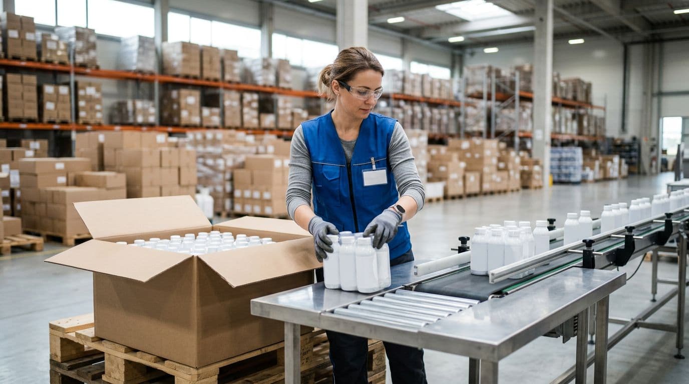 Photorealistic scene in a clean warehouse where one worker divides large bulk product cases into individual packs on a conveyor table, under soft natural light.