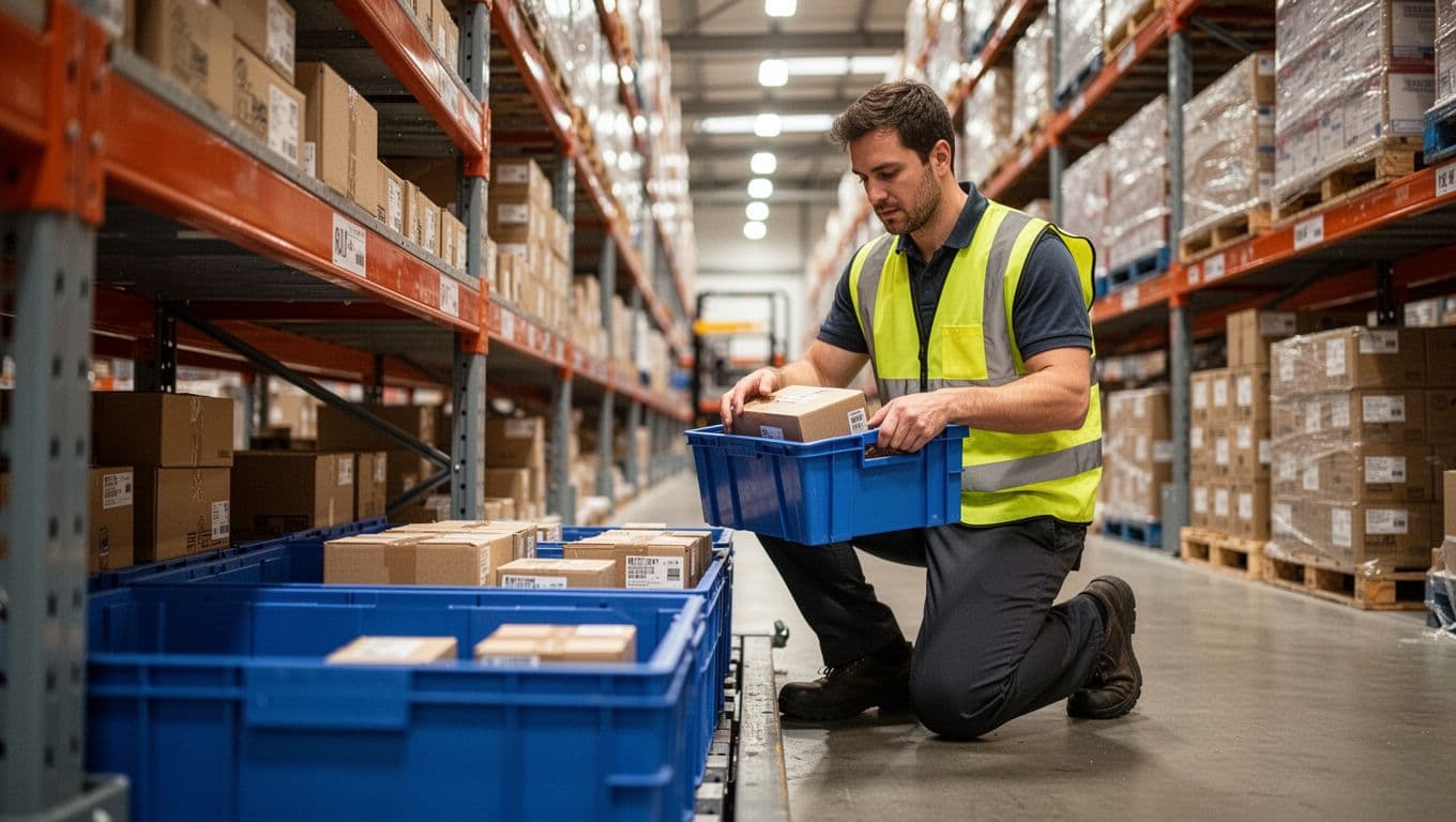 A single warehouse worker in yellow high-visibility vest kneels beside a low forward pick-face shelf rack, filling a nearly empty blue plastic bin with small cardboard boxes from a handheld blue tote, with softly blurred tall pallet racks in the background under bright overhead lighting, realistic low-angle photography emphasizing replenishment action.