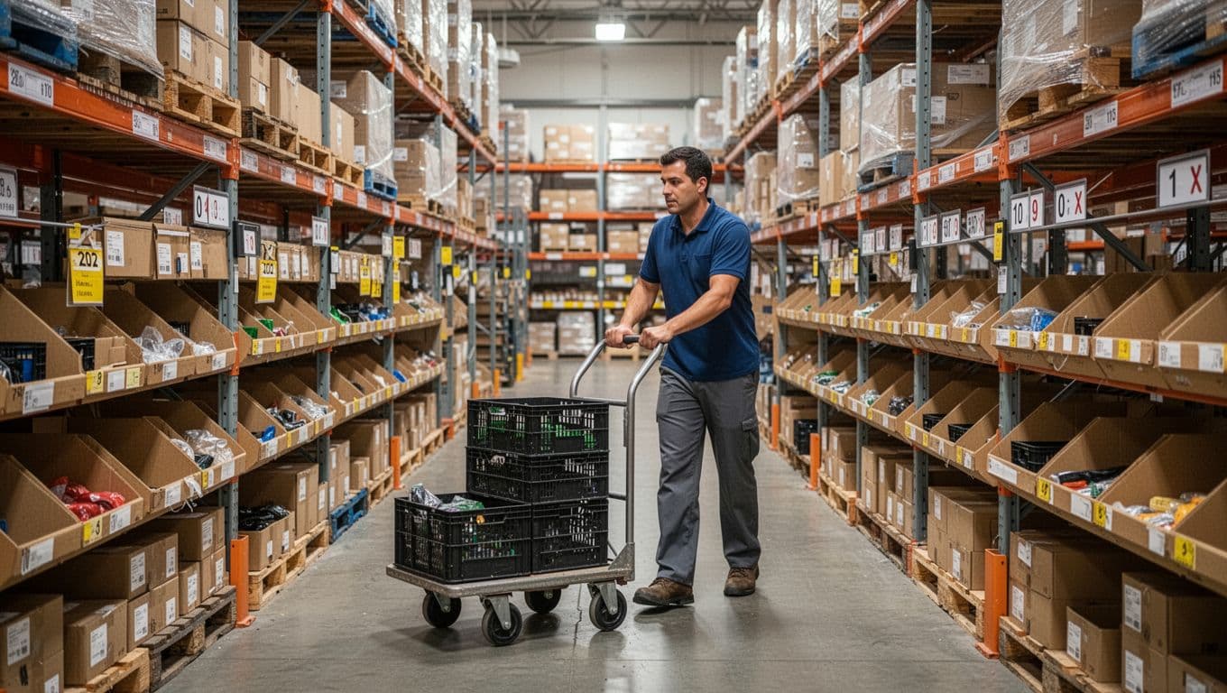 Warehouse worker moving tote from reserve pallet rack to forward pick bin using hand truck, with min-max indicators on shelves and organized reserve area.