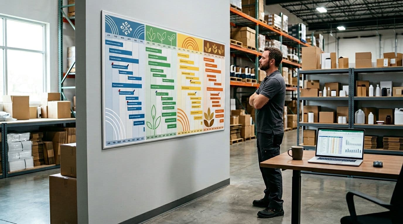 Photorealistic image of a modern warehouse office with a large wall-mounted seasonal packaging calendar showing quarterly timelines for winter custom orders, spring samples, summer deliveries, and fall generics, marked with pins. A single worker in casual uniform stands arms crossed nearby reviewing it, beside a desk with an open forecast spreadsheet on a laptop, coffee mug, and organized packaging samples on shelves under bright natural window light.