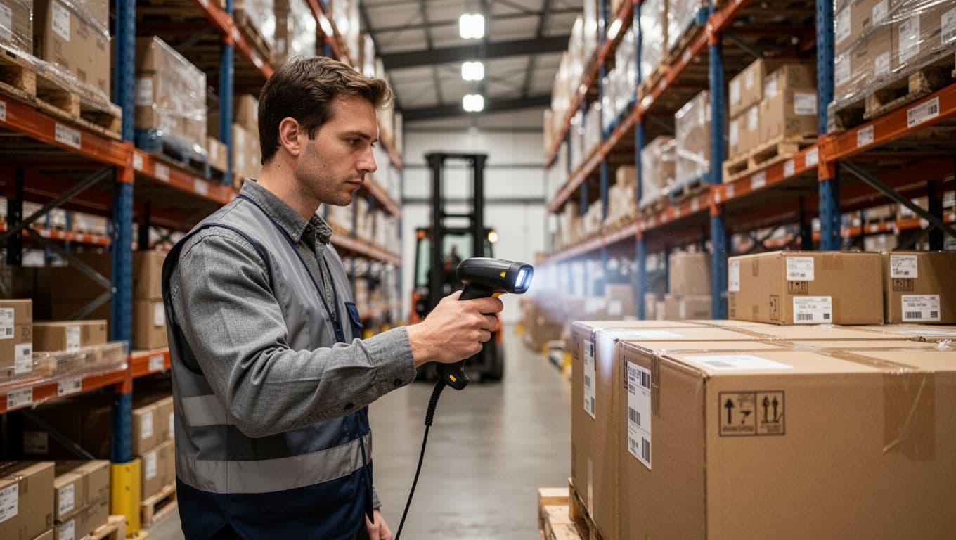 Photorealistic image of a single warehouse worker in a busy 3PL warehouse aisle using a handheld barcode scanner to scan a label on a cardboard box for pick confirmation, surrounded by tall shelves stocked with boxes and a blurred forklift in the background.