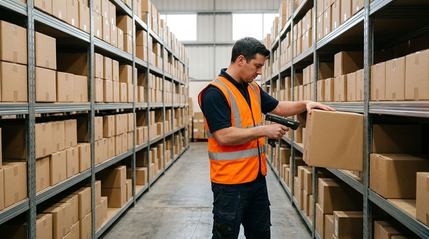 Photorealistic image of a single warehouse worker in high-visibility vest using a handheld barcode scanner on a cardboard box in a well-organized warehouse aisle with shelves stocked on both sides and natural daylight from high windows.