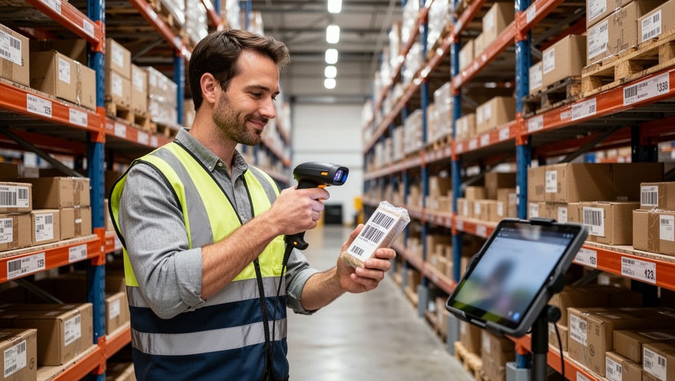 Photorealistic image of a single warehouse worker in a modern brightly lit warehouse aisle using a handheld scanner to verify a barcode on a picked item from a shelf, holding the scanner in one hand and item in the other, relaxed pose, with a blurred tablet propped nearby.