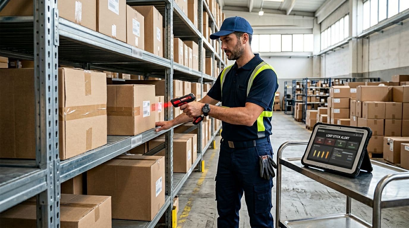 Photorealistic image of a single warehouse worker in modern uniform using a handheld barcode scanner on an inventory box on an organized metal shelf, with a tablet displaying a blurred low stock alert nearby, in a bright naturally lit warehouse aisle.