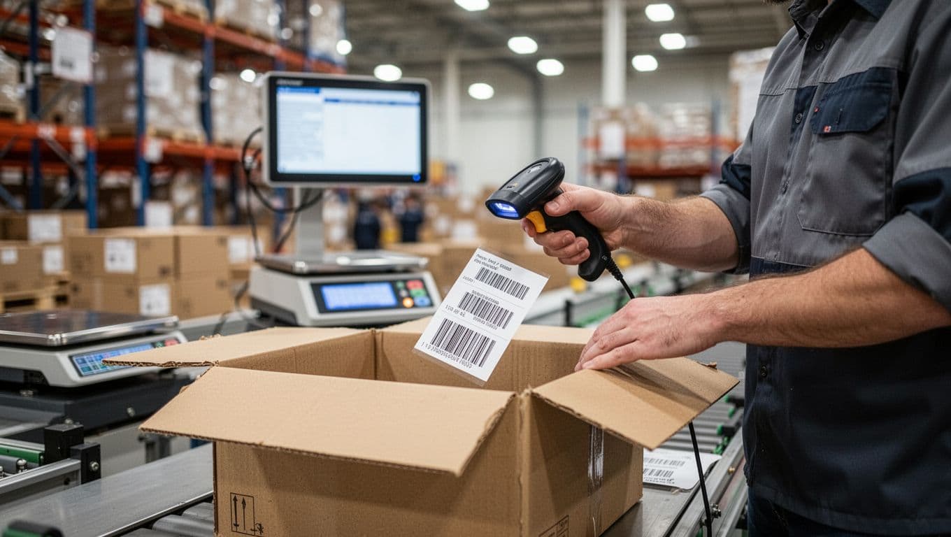 Photorealistic image of exactly one warehouse worker at a modern packing station in a brightly lit warehouse, scanning an item barcode with a handheld scanner before placing it into an open carton. Single person, scale nearby, natural lighting, landscape composition.