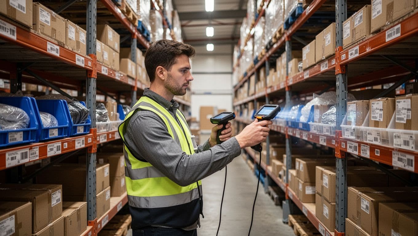 Photorealistic image of a single worker in a warehouse storage aisle scanning a bin location label followed by an item barcode during putaway process, surrounded by metal shelves stocked with boxes under soft overhead lighting.