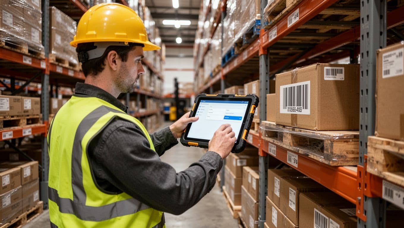 A lone warehouse worker in yellow safety vest and hard hat uses a rugged tablet to scan a barcode on a cardboard box on a metal shelf in a narrow aisle amid tall pallet racks, with a simple app interface visible on the angled screen under natural overhead lighting.