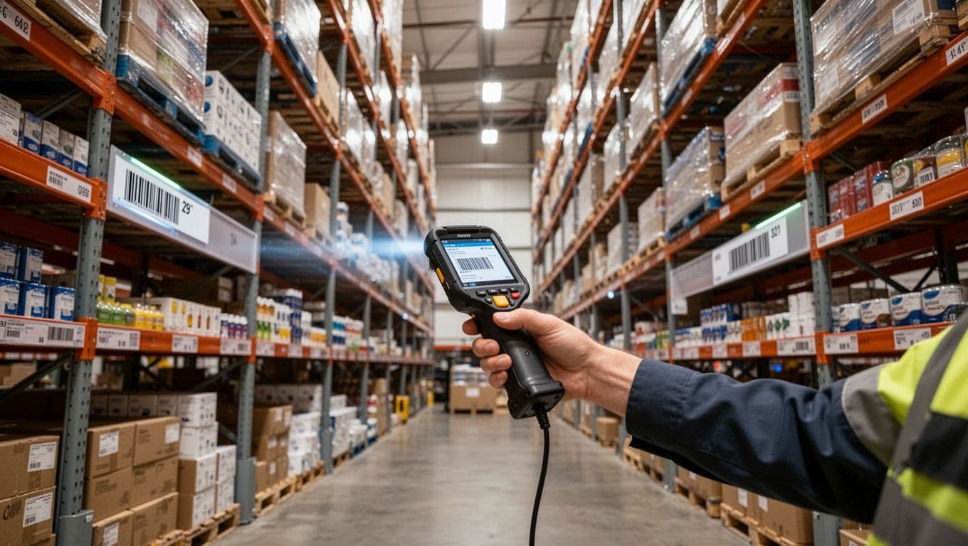 A single warehouse worker scans a shelf location label and item barcode using a rugged handheld scanner in a warehouse with high stocked shelves. Photorealistic wide landscape from low angle with even bright lighting, no text or extra people.