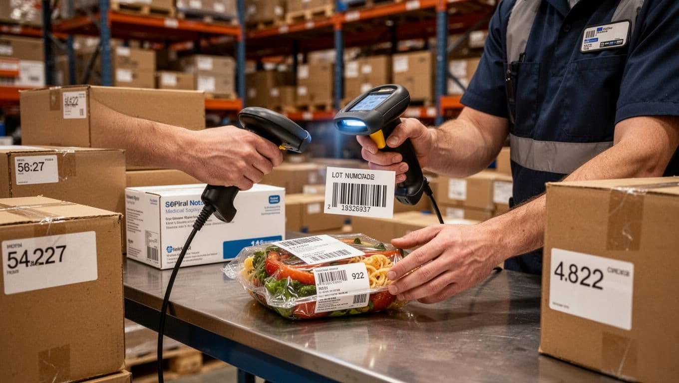 Exactly one warehouse worker scans a barcode with lot number or expiration date on a packaged food item or medical supply box using a handheld scanner at a workbench in a warehouse packing area, surrounded by nearby labeled boxes. Photorealistic style with warm ambient lighting, side landscape composition.
