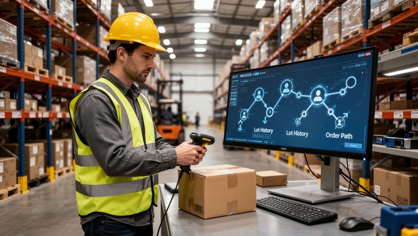 A focused warehouse worker in yellow high-visibility vest and hard hat holds a handheld scanner near a cardboard box at a modern workstation, with a nearby computer screen displaying abstract icons for lot history and order path traceability.