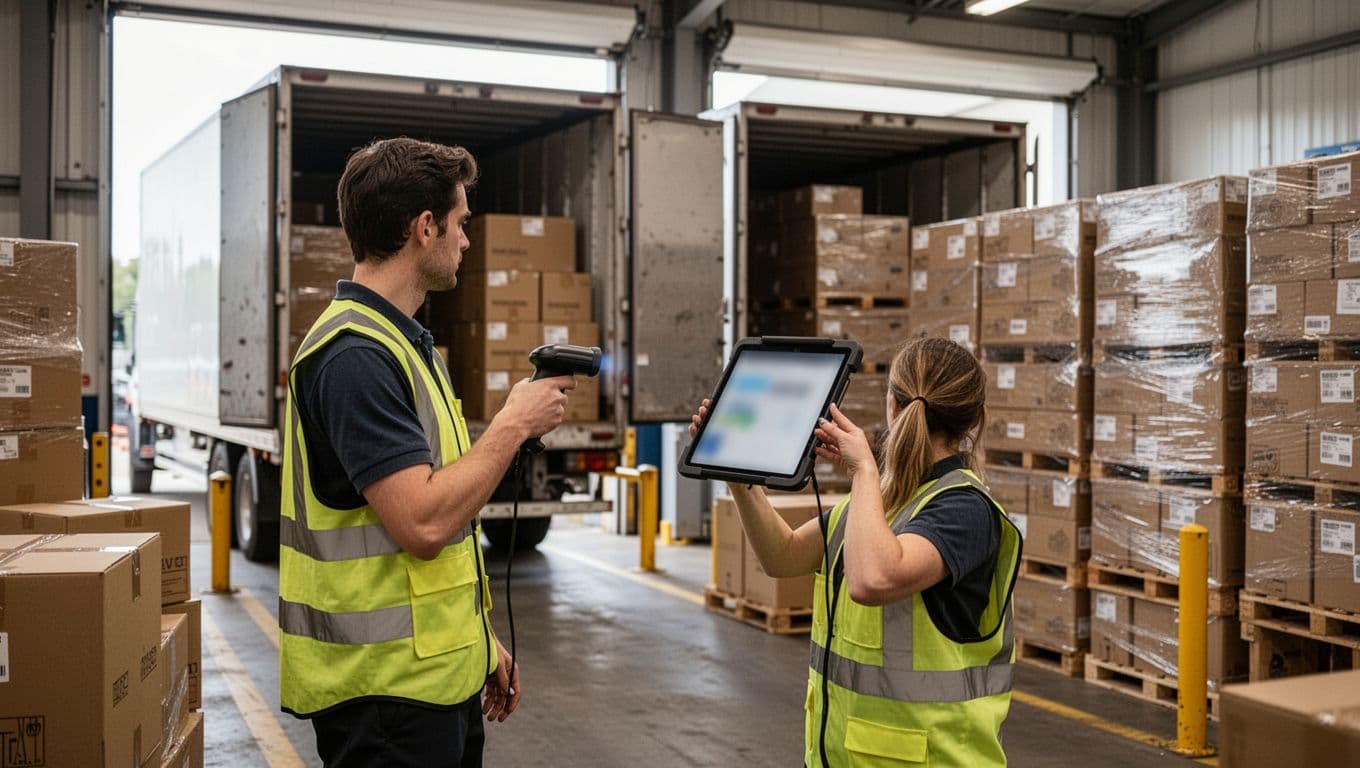 Photorealistic daytime scene at a busy warehouse receiving dock featuring one worker in a safety vest checking cardboard boxes from a delivery truck using a barcode scanner and tablet, with stacked pallets and natural light from open bay doors.