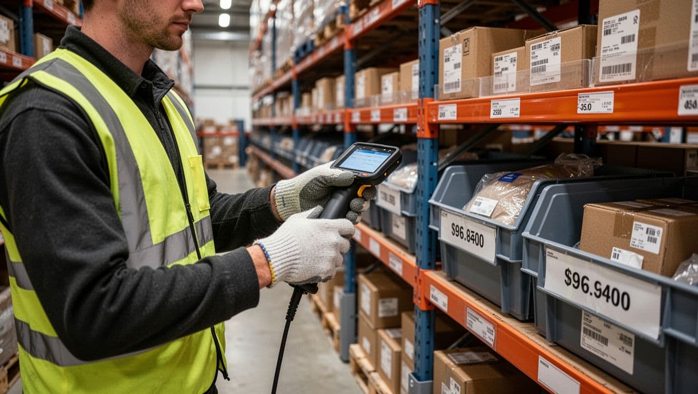Exactly one warehouse worker in hi-vis vest and gloves uses a handheld scanner to verify an item in a labeled bin on organized shelves in a modern warehouse aisle. Medium shot showing worker, scanner, bin label, and boxes under soft overhead industrial lighting, photorealistic with no extra people, objects, text, or logos.