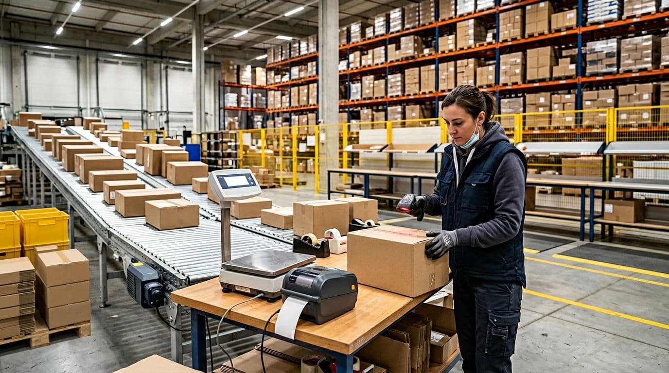 Photorealistic image of a single worker scanning a cardboard package at a workstation with digital scale and label printer, conveyor belt with sorted boxes in background, organized outbound area under bright industrial lighting.