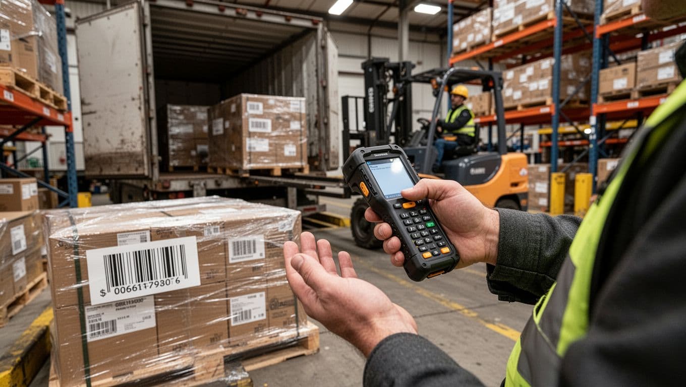 A lone warehouse worker uses a rugged handheld mobile scanner to check the barcode on a pallet just unloaded from a truck at the receiving dock, with a forklift in the background, shelves and boxes nearby, in a photorealistic wide landscape composition.