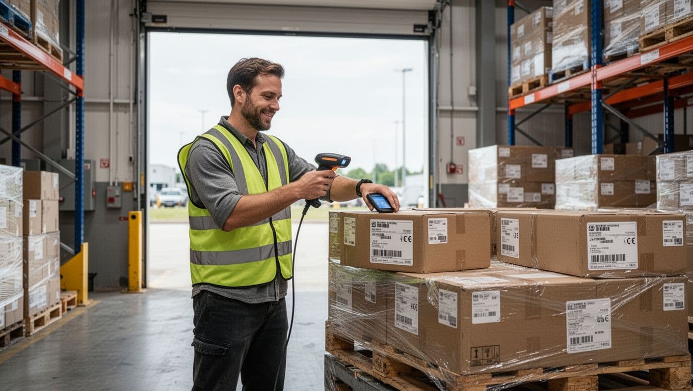 Photorealistic image of a single warehouse worker in a modern warehouse using a handheld scanner to verify shipment contents on a pallet at an open dock door with natural daylight.