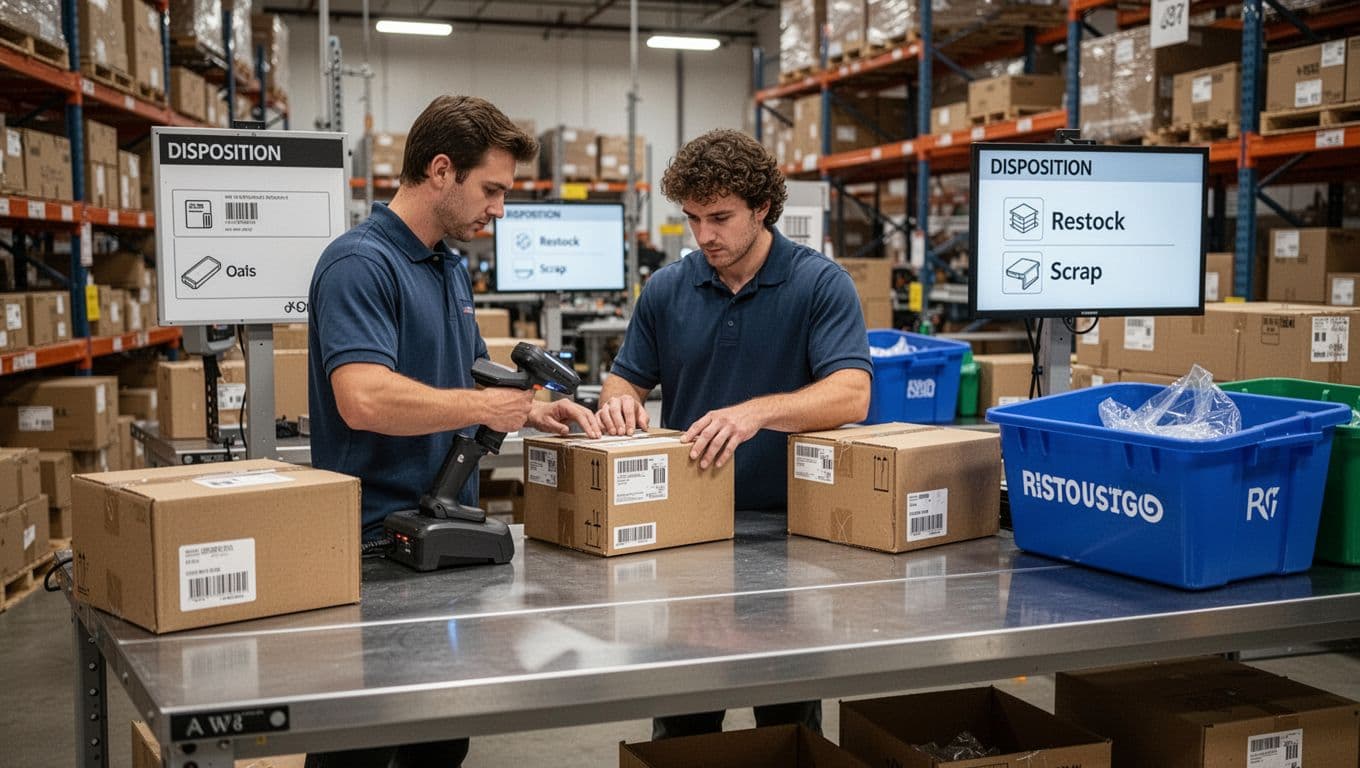 Photorealistic image of a single warehouse worker at a clean processing table scanning a returned item's barcode, inspecting the box, with restock and scrap bins nearby under soft lighting.