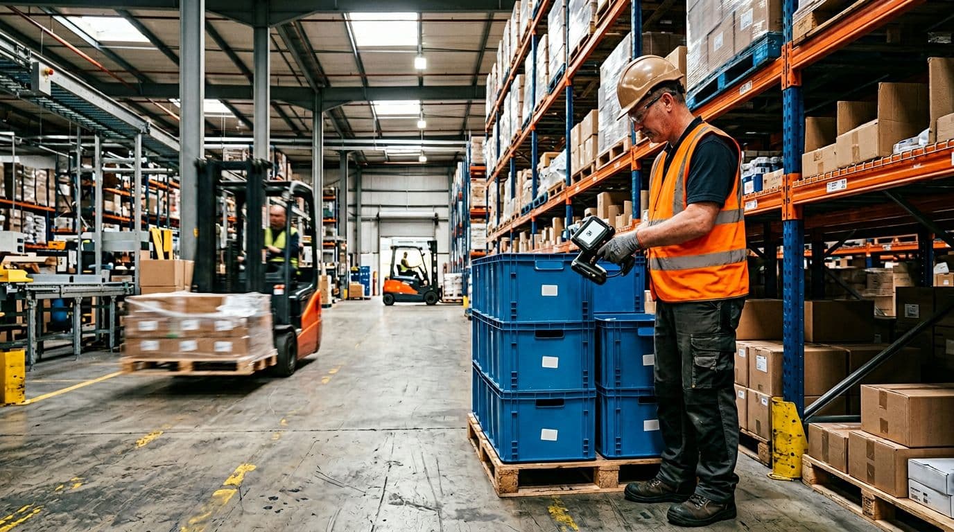 Photorealistic scene of one worker using a handheld RFID reader to scan tags on closed-loop totes near high-volume shelving racks in a fast-paced warehouse with forklifts in the background and natural overhead lighting.