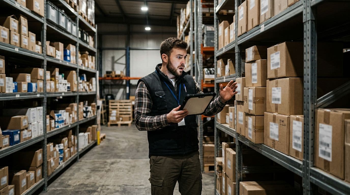 Photorealistic scene in a dimly lit warehouse aisle where a surprised worker compares physical box counts on stocked shelves to a tablet screen showing a discrepancy, holding the device naturally with one hand.