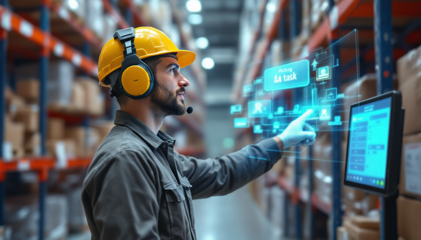 A warehouse worker uses a rugged headset to receive picking instructions, with a digital overlay showing inventory data. The worker points at a high shelf, demonstrating hands-free voice picking in a well-lit, organized warehouse. Image created with AI.