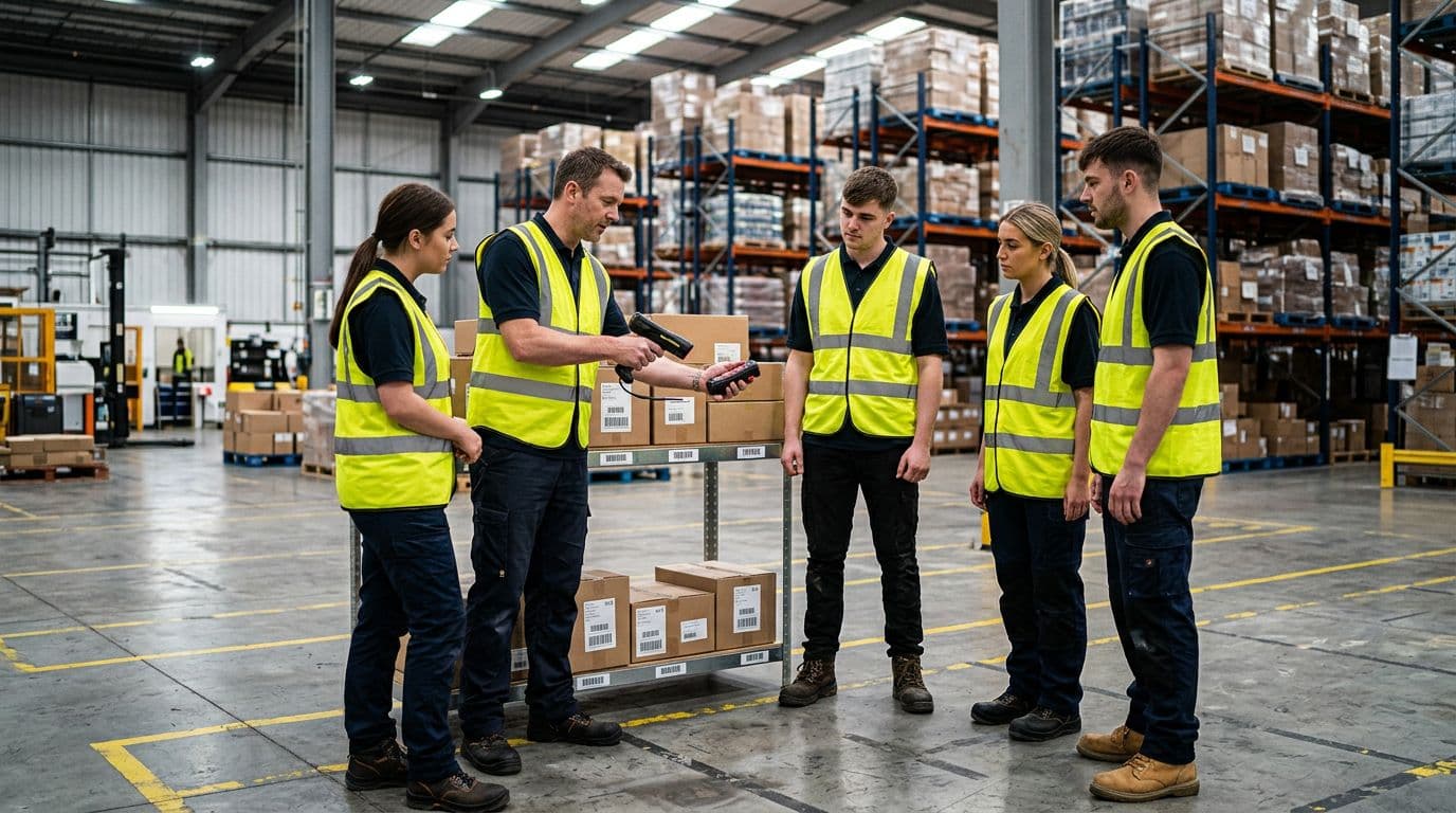 Photorealistic image of five warehouse workers in high-visibility safety vests in a modern warehouse training area, with one trainer demonstrating a handheld barcode scanner to four trainees at a low mock shelf.