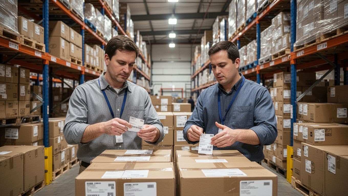 Photorealistic warehouse scene with two workers inspecting product labels on boxes under bright lights and organized shelving in the background. Front view focuses on label checks with natural warehouse lighting, relaxed hands, no extra people or readable text.