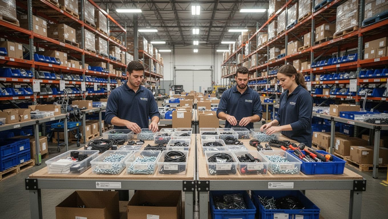 Two warehouse workers group small parts like screws, cables, electronics components, and tools into organized kits on packing tables in a large industrial warehouse with tall metal shelves in the background. Photorealistic wide landscape composition under bright fluorescent lighting.