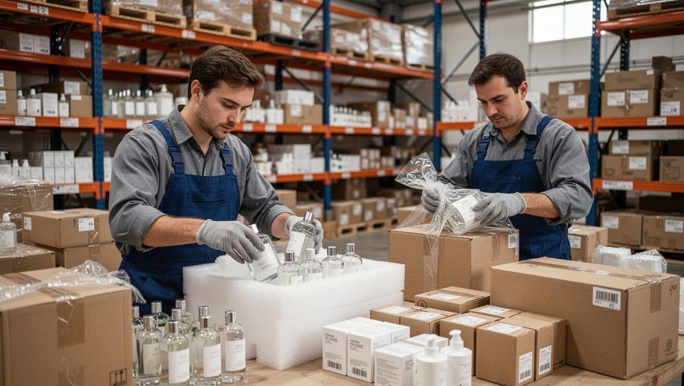 Two warehouse workers carefully package fragile health and beauty products like glass bottles and boxes in a clean facility with organized shelves.