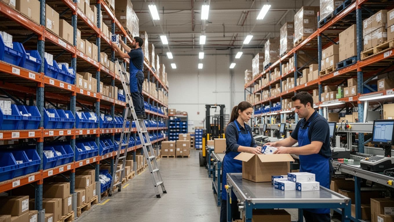 Photorealistic warehouse interior showing one worker picking items from high shelves with a ladder and another packing products into a cardboard box under bright LED lighting.