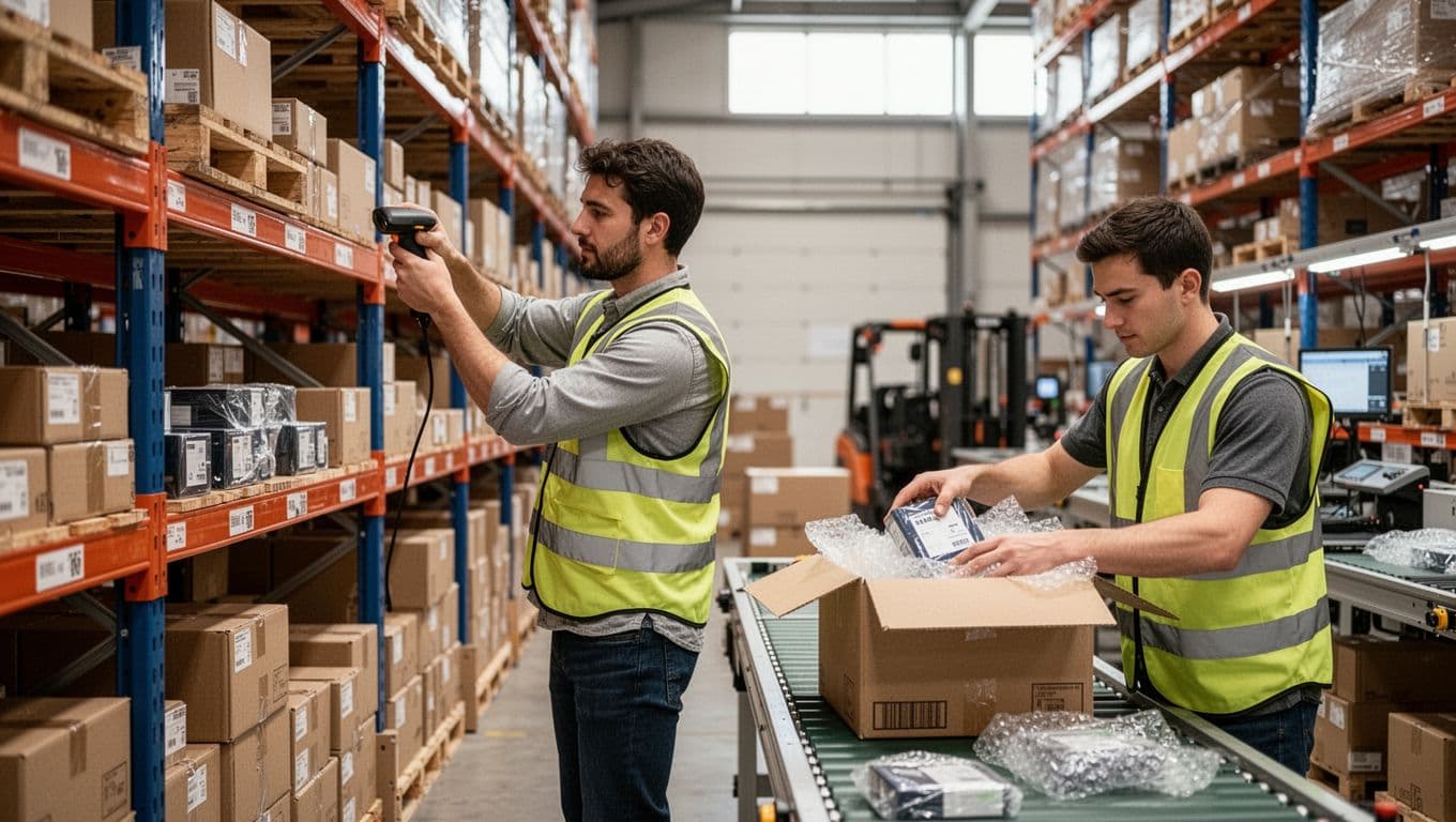Warehouse worker in vest uses handheld scanner to pick items from high shelves, while another packs products into box with protective materials in efficient organized interior with natural daylight.