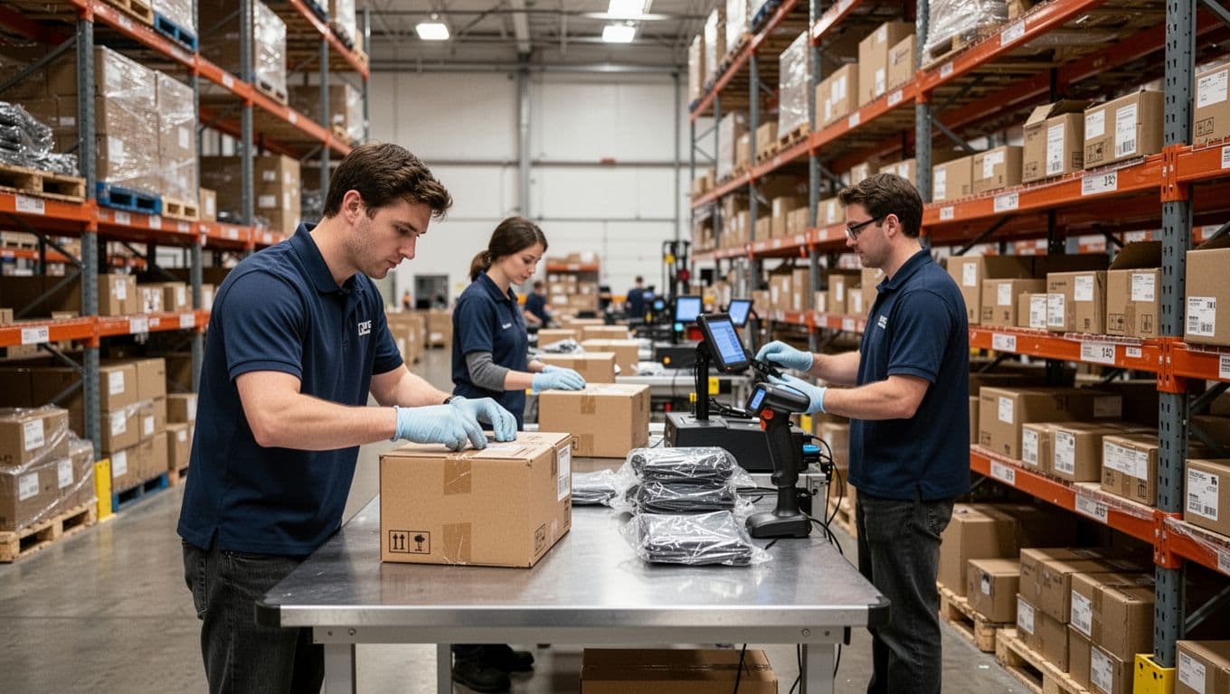 Photorealistic scene of two gloved warehouse workers in a clean, organized returns area: one inspecting a returned box on a table, the other scanning items for restocking, with sorted shelves nearby under natural lighting.