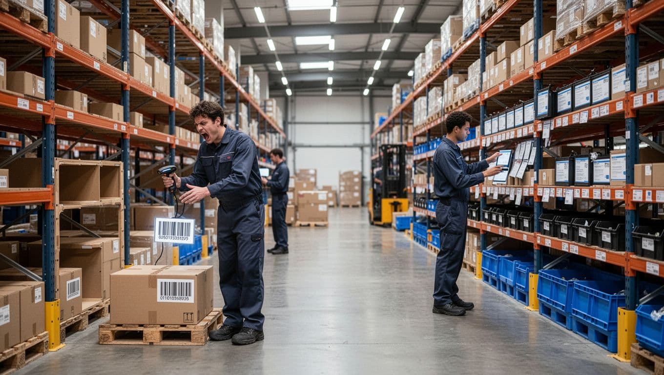 Photorealistic depiction of a modern warehouse floor with exactly two workers addressing common WMS errors: one frustrated worker scanning a mismatched barcode on a box beside an empty shelf, and another organizing messy master data labels on shelves amid wide aisles, pallets, bins, and natural LED lighting.
