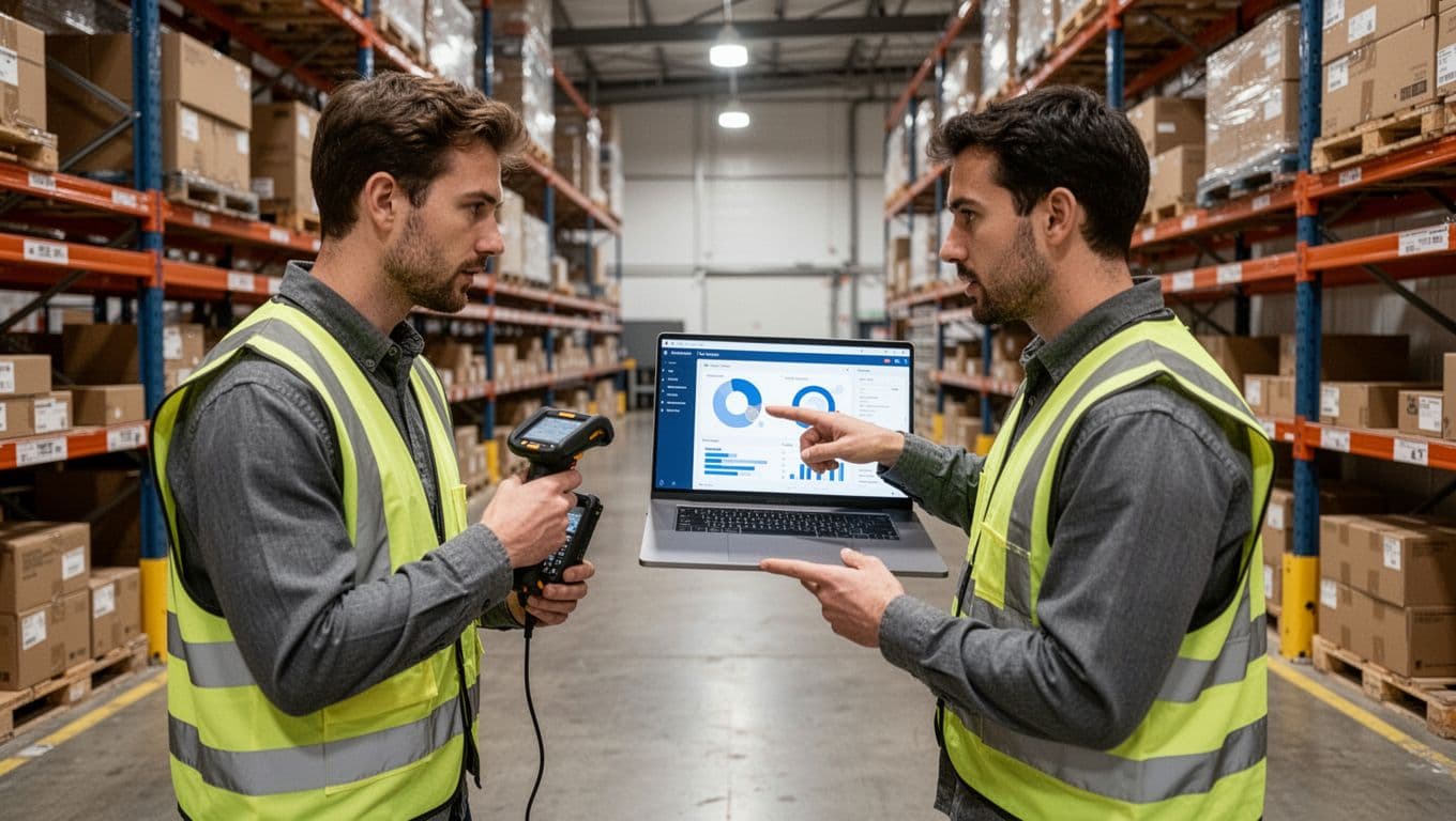 Two warehouse workers conduct a WMS training pilot in a sectioned-off area, one holding a mobile scanner and the other pointing to a laptop dashboard, with shelves and boxes in the background under bright industrial lighting.