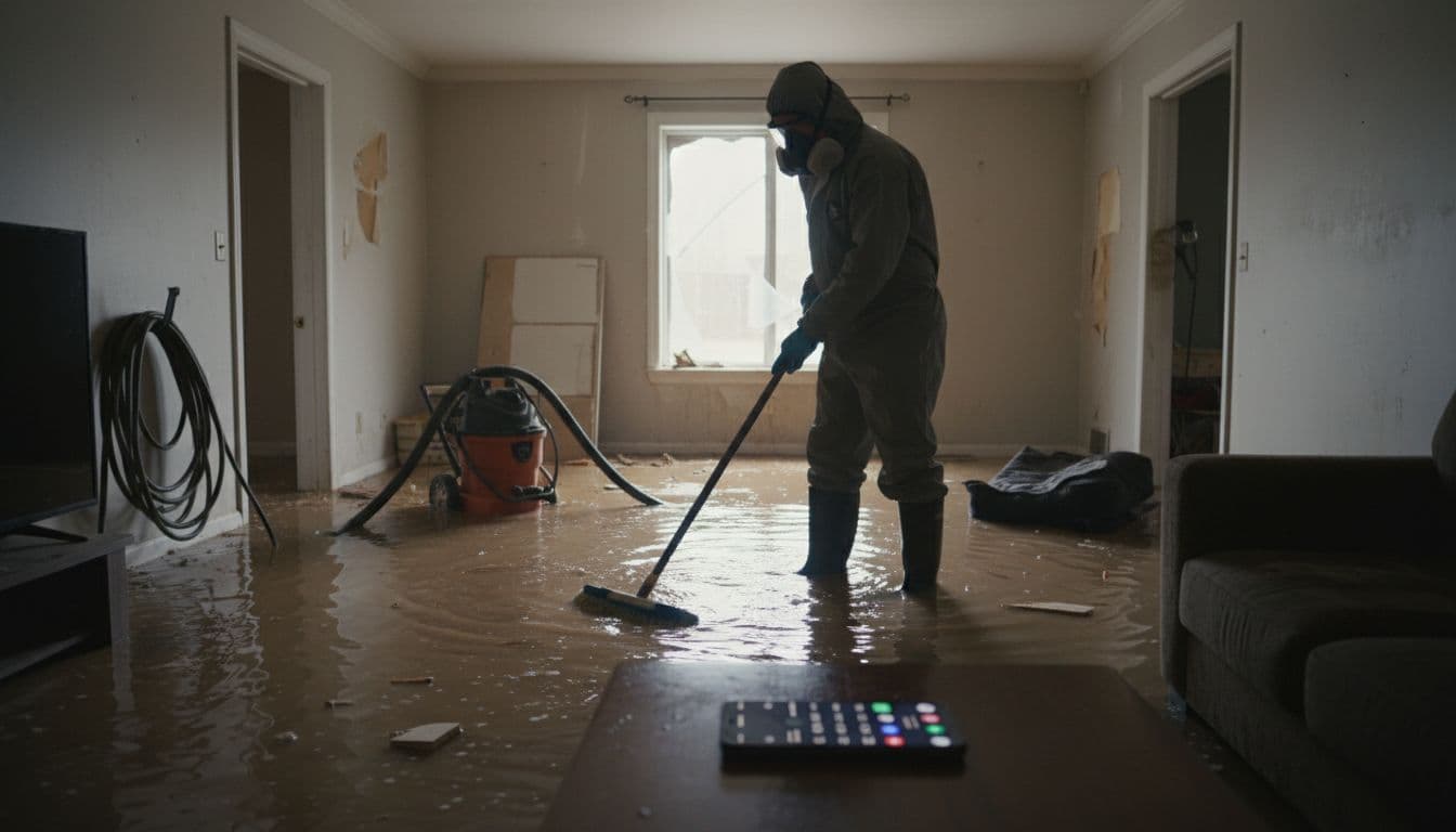 A professional water damage restoration worker in protective gear mops a flooded room in a damaged home interior, with a phone displaying a call log on a nearby table.