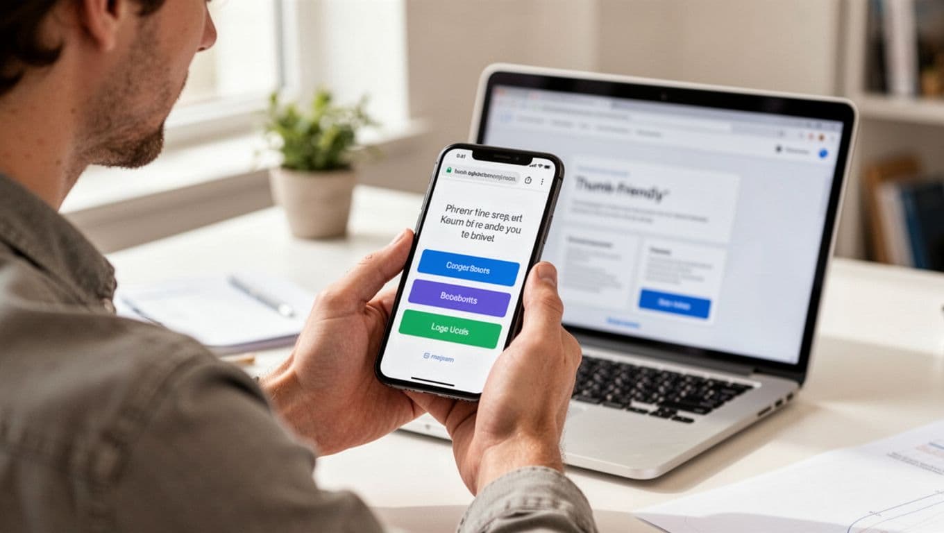 Photo-realistic image of a web designer in a bright workspace holding a smartphone to test a thumb-friendly mobile website layout with large buttons and readable text visible on screen, laptop in background, relaxed pose, soft natural lighting.