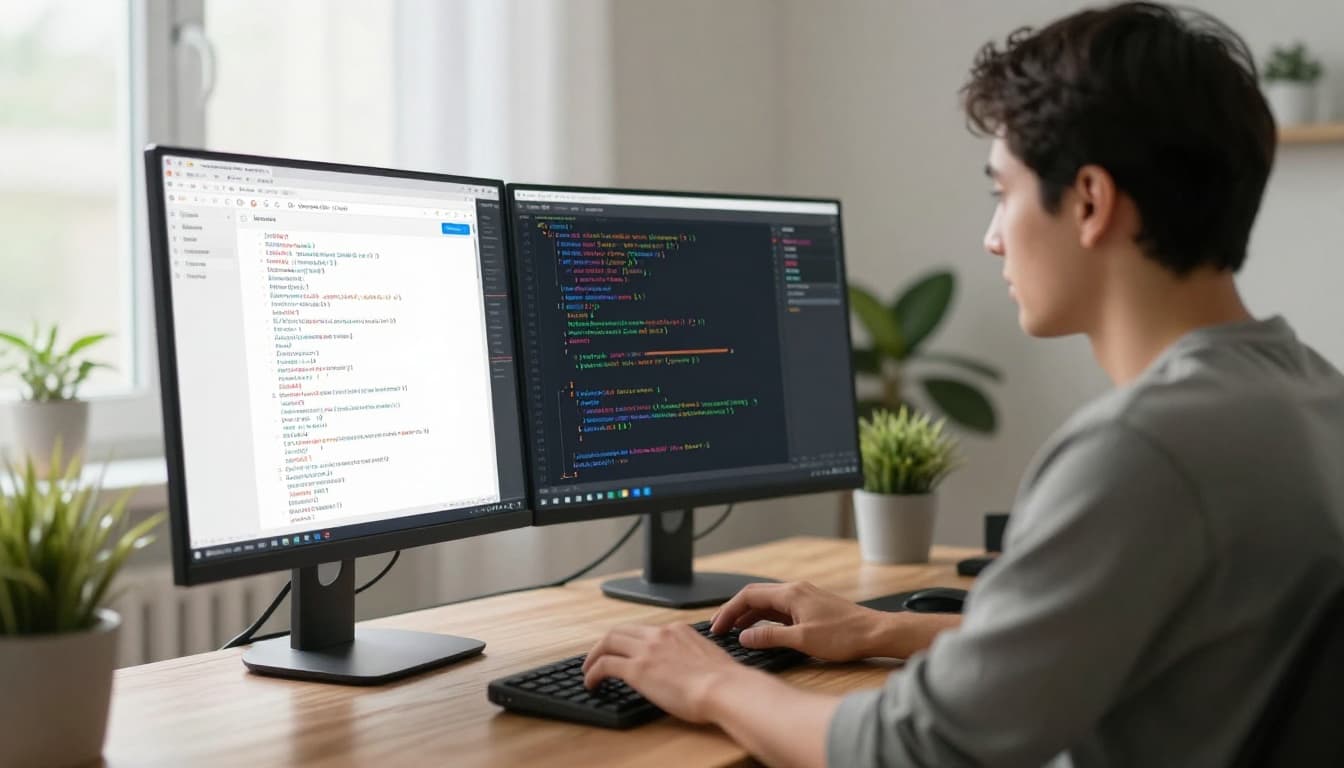 Photo-realistic image of a web developer in a modern home office optimizing code on a computer for faster site performance, with image compressor tools open, before-after speed graphs visible, relaxed hands on keyboard, plants, and soft lighting.