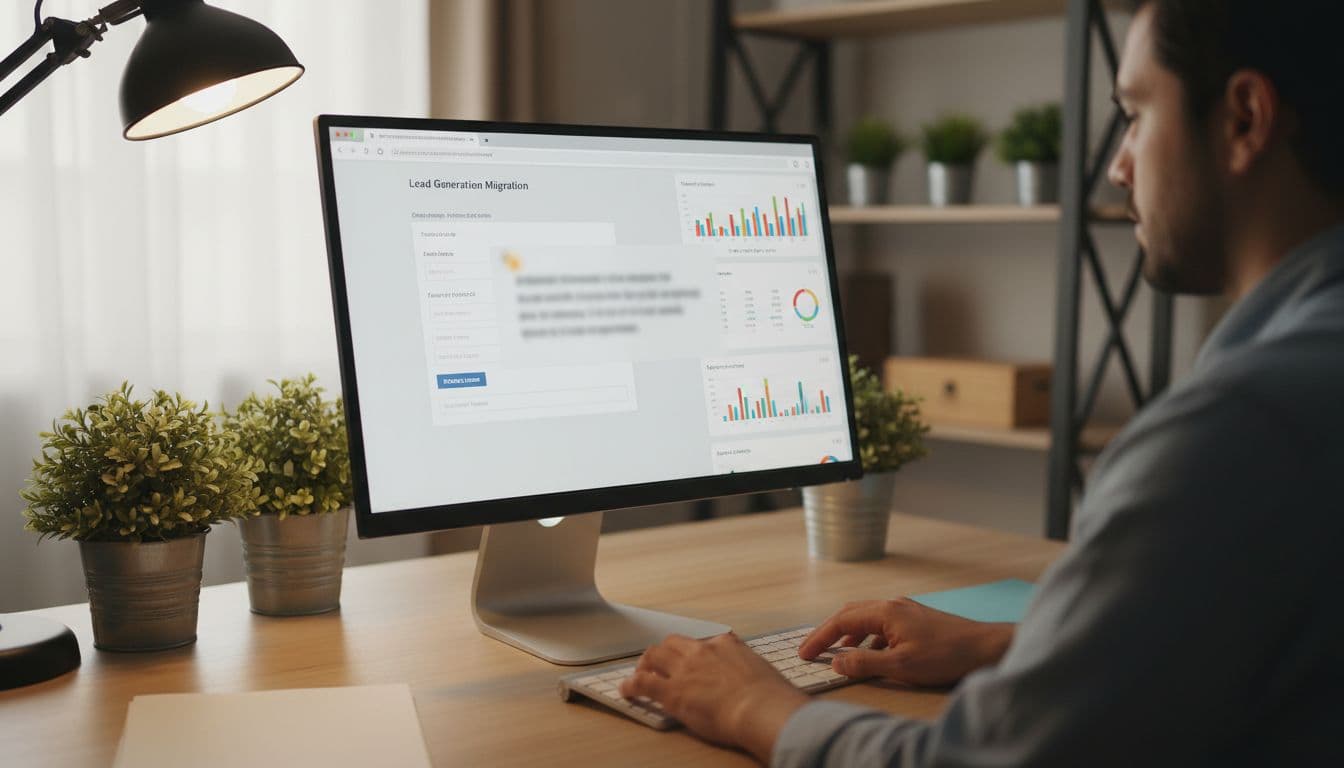 A web developer tests forms and GA4 tracking on a staging website preview on a computer screen, showing a blurred form submission success message and open analytics dashboard in a quiet professional workspace with plants and warm lighting.