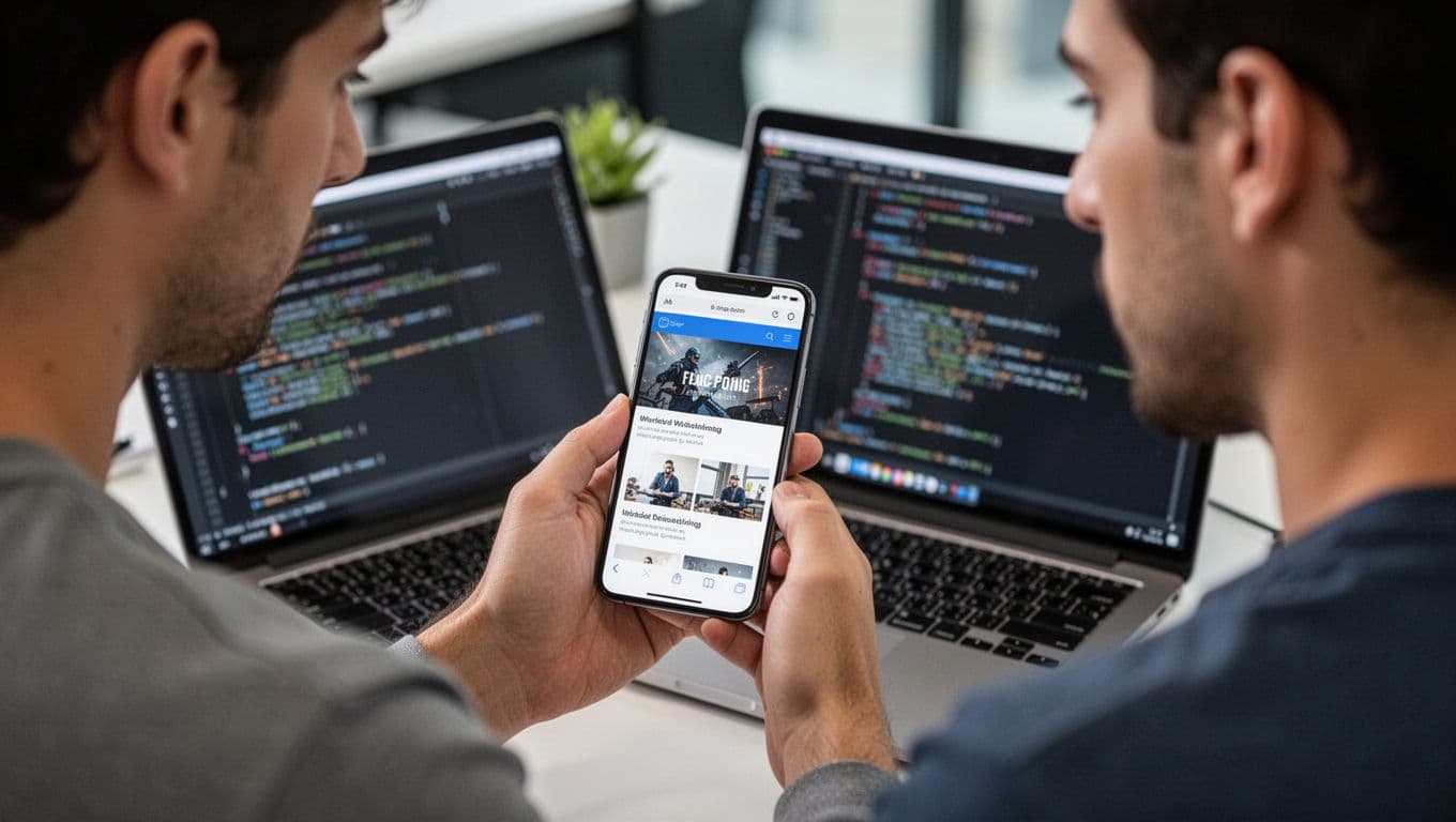 A focused web developer in a modern workspace holds a physical smartphone to test a mobile website layout, with an open laptop displaying blurred code nearby.