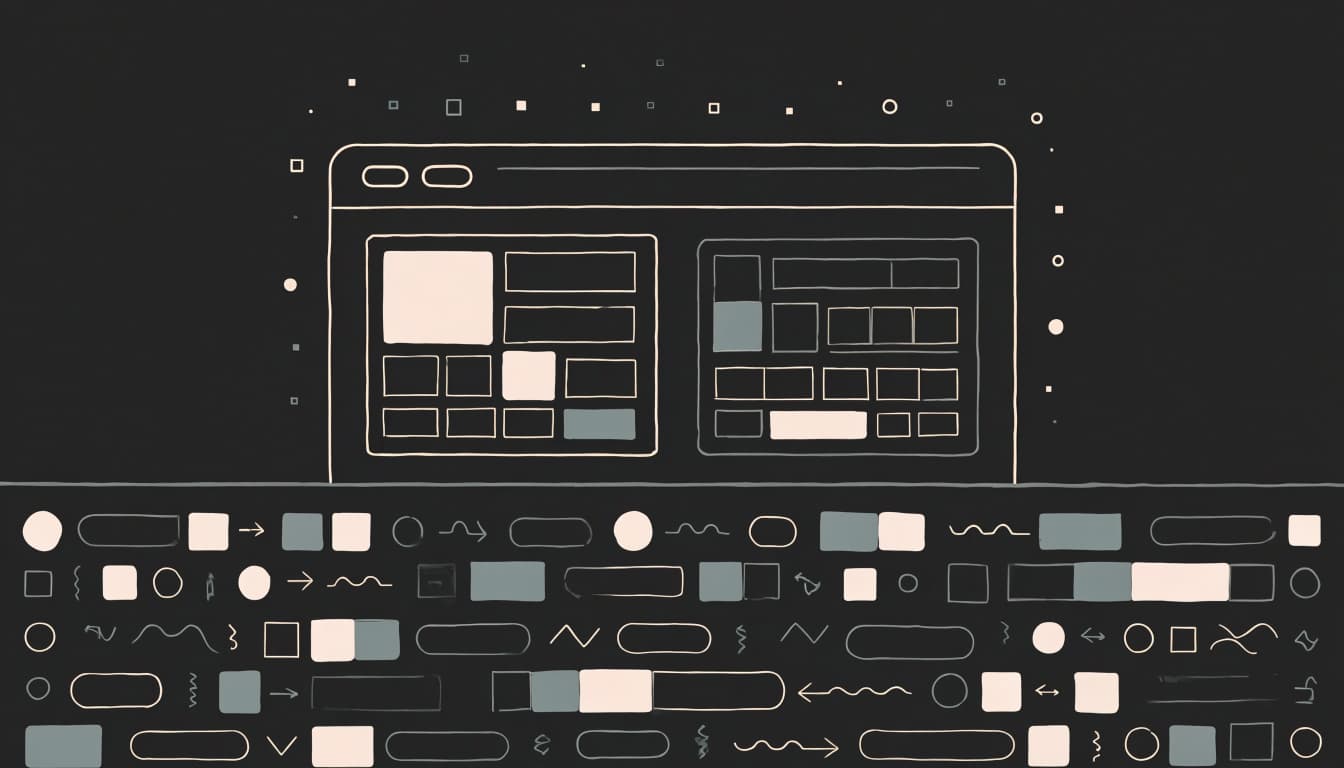 A flat 2D editorial illustration showing a browser window above a split layer of abstract metadata symbols.