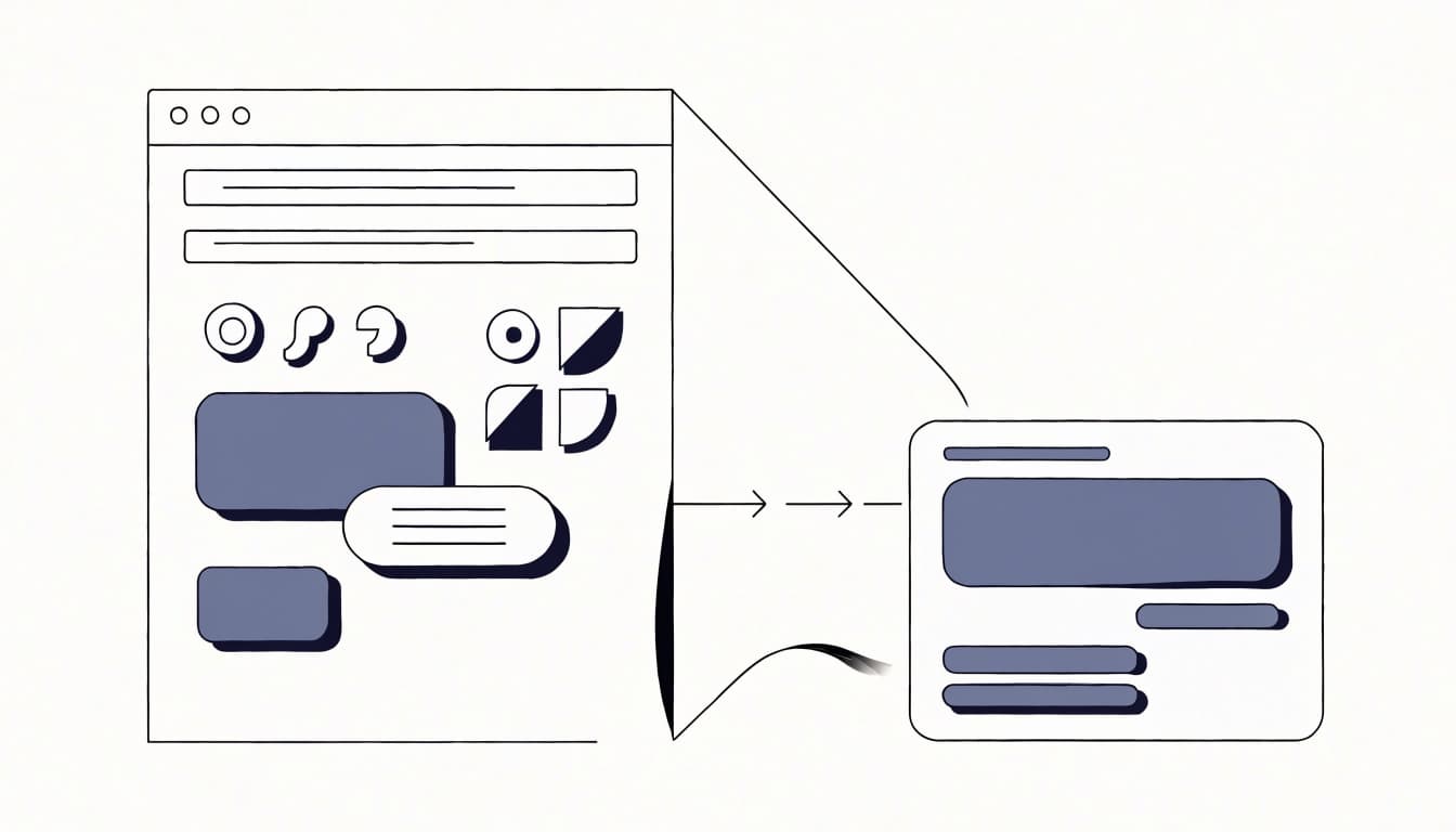 A browser panel with abstract symbols connected to a search result card by lines.